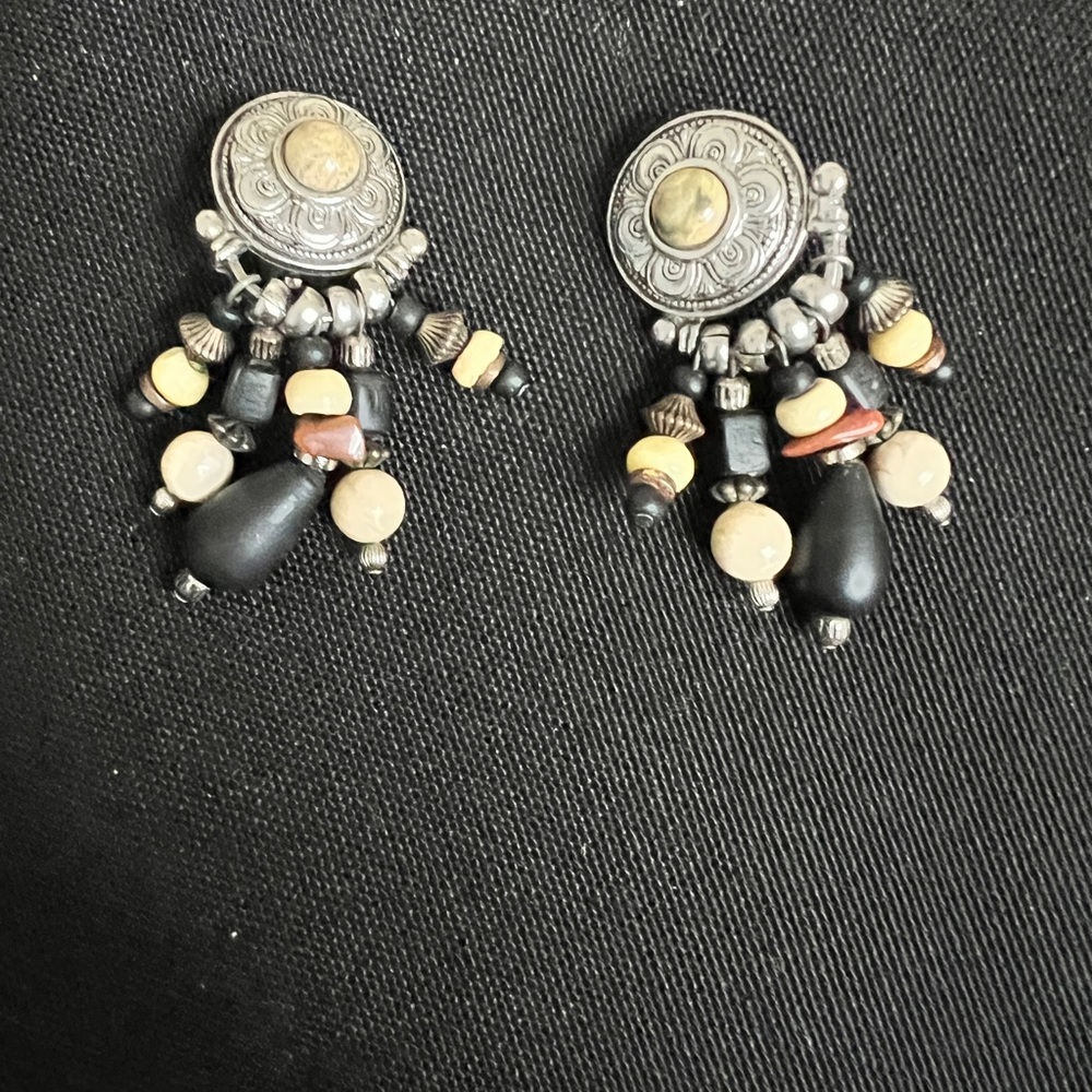 Black and Silver Beaded Clip On Earrings